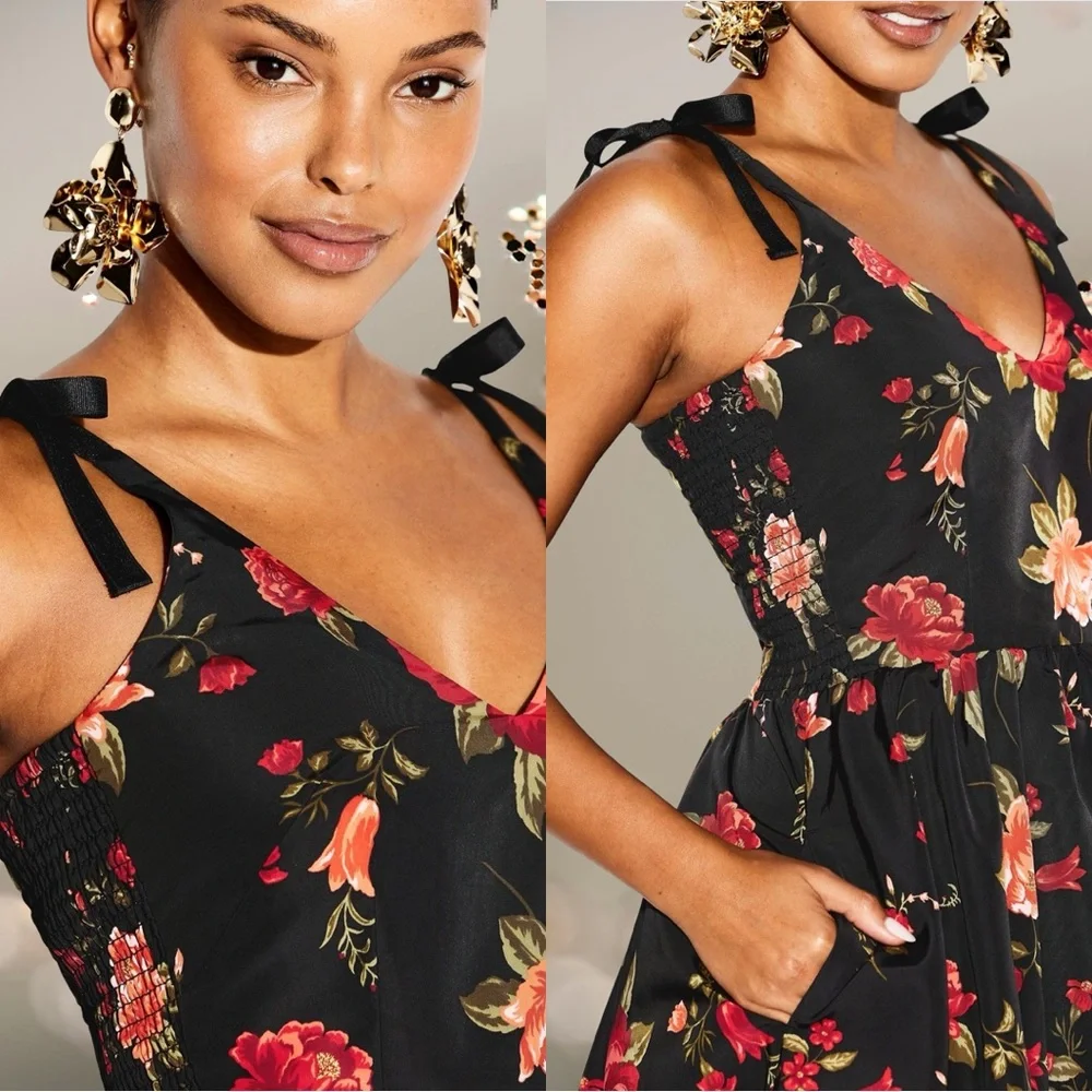 NWTS🌹THE OCCASION XL🌹BLACK ROSE TAFFETA FIT & FLARE SWING DRESS BACK ZIP CLOSURE - Picture 8 of 16